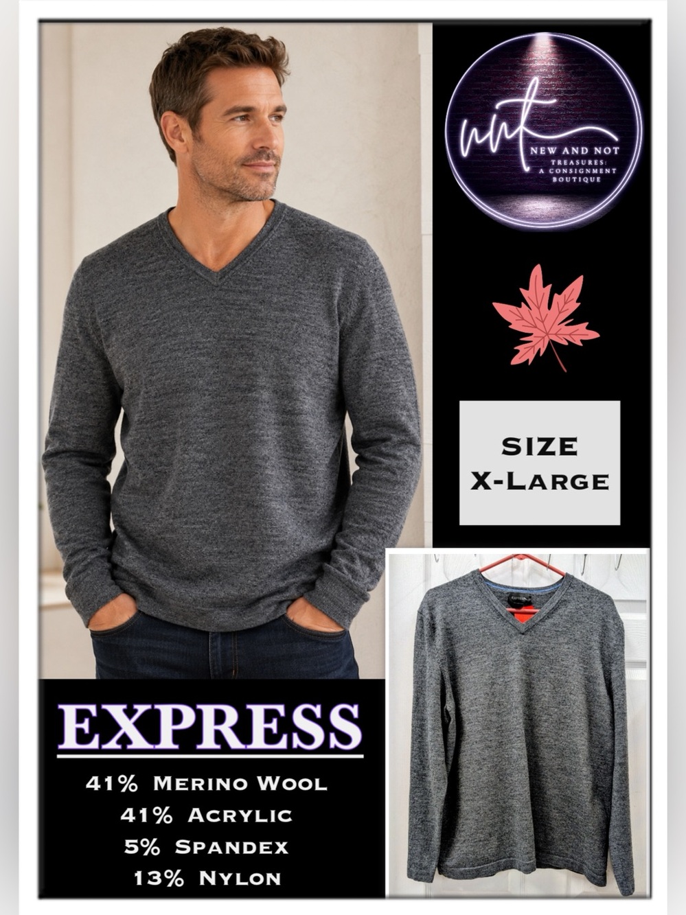 Express Men’s XL Gray Merino Wool Blend V Neck Sweater Long Sleeve